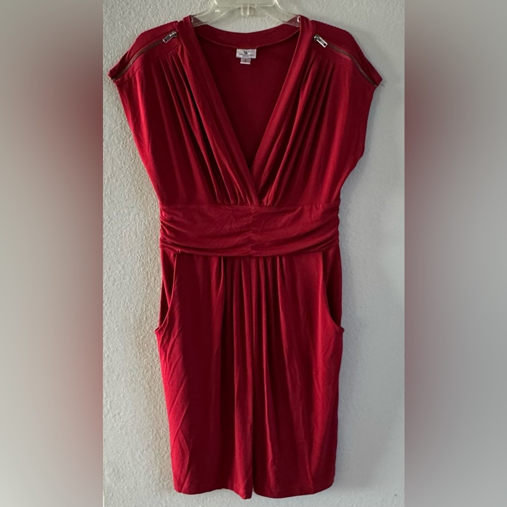 Worthington Stretch Women's Red Dress Sz Medium V-Neck Zip Shoulder Sleeveless